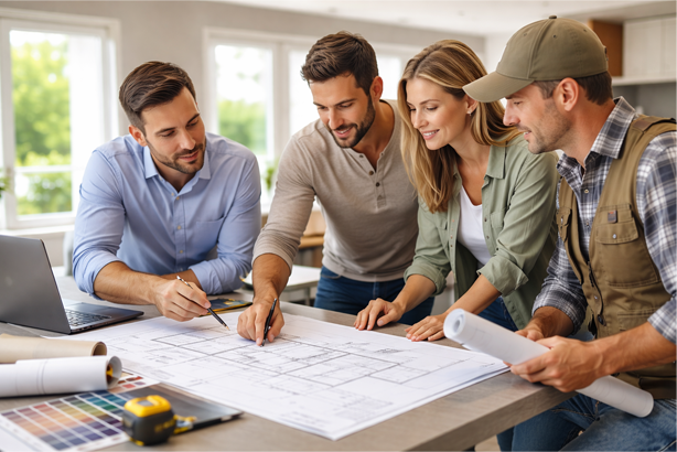 Architect and homeowner planning a residential design with blueprints